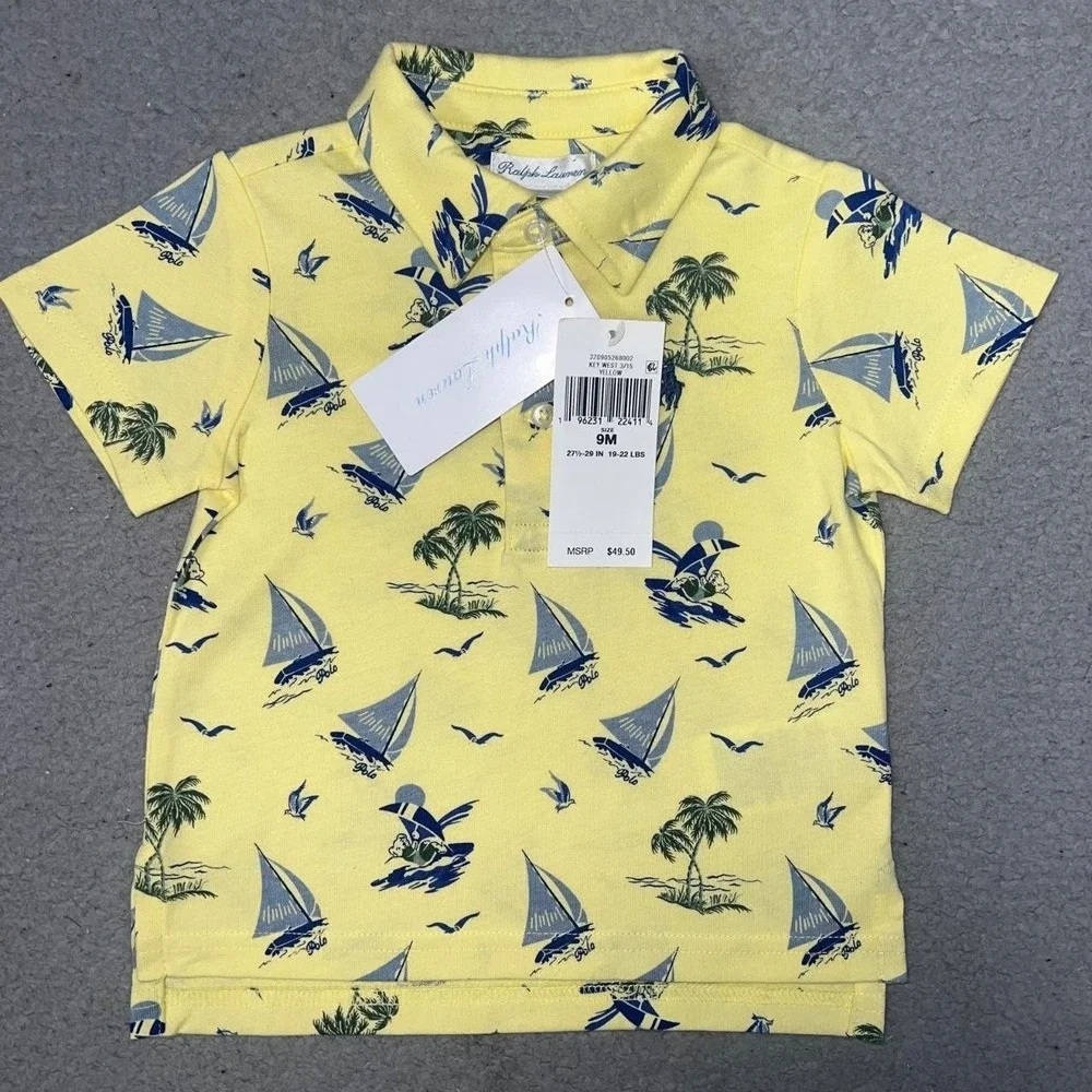 NWT Ralph Lauren Shirt Toddler Sz 9M Yellow Polo Sail Boat Palm Tree Surfing AOP